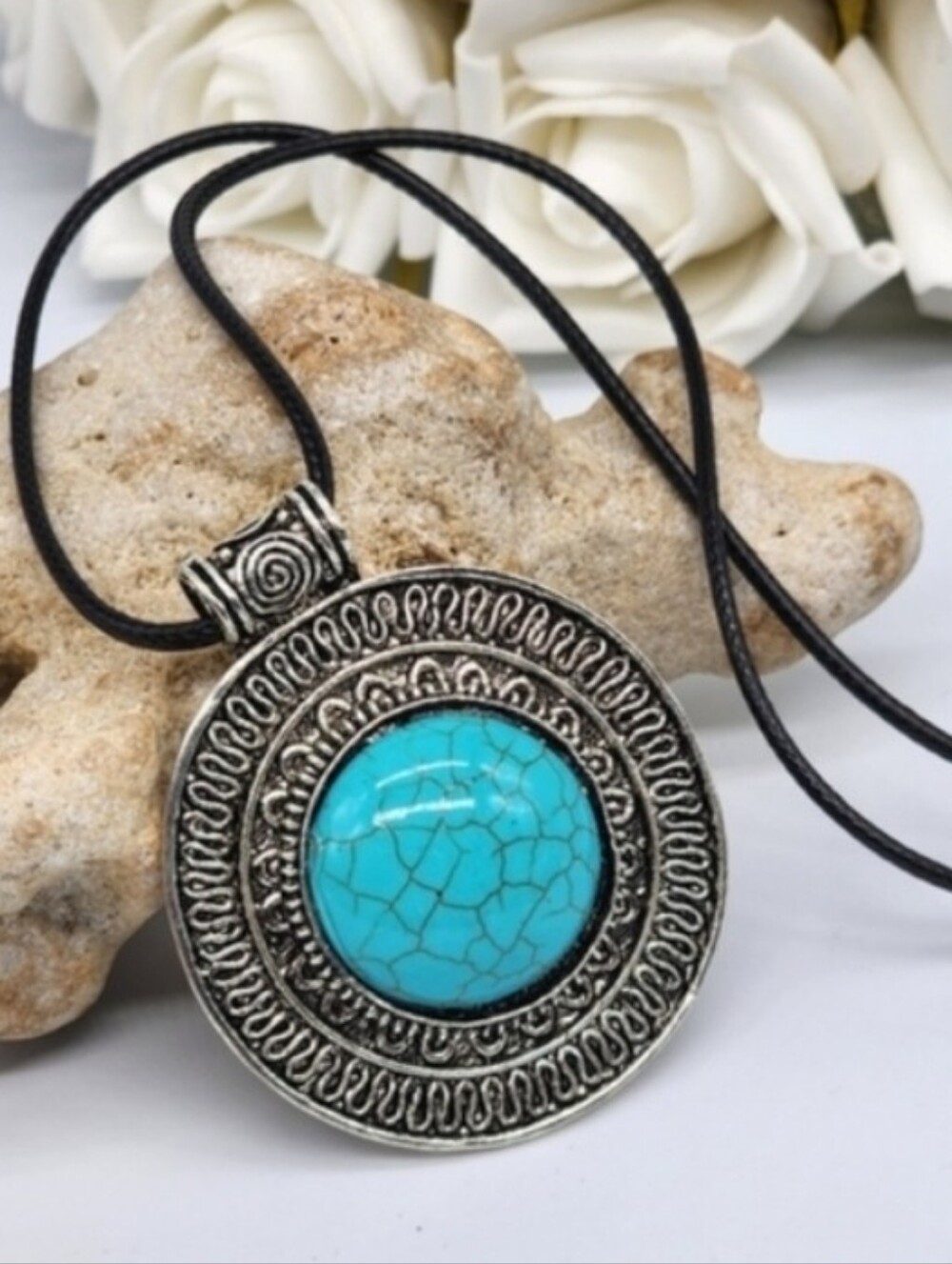 ❤️Vintage Turquoise Stone Disc Big Silver Pendant Black Cord Necklace